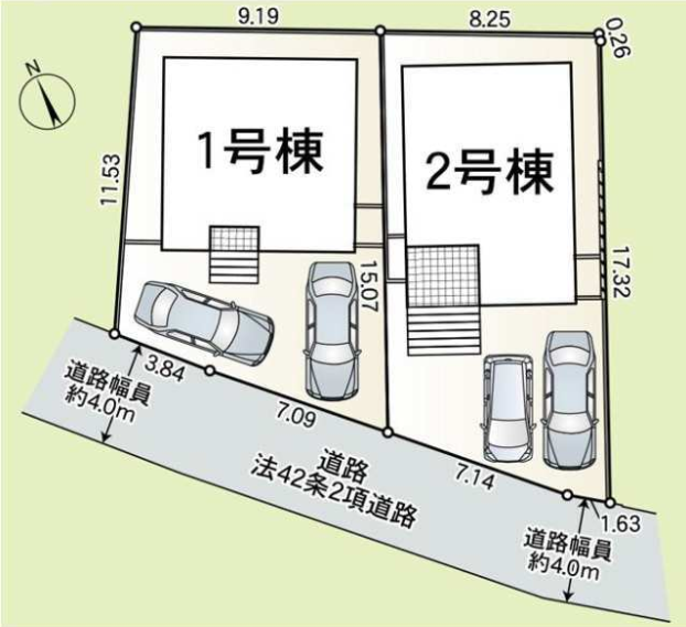 2棟あります。
前面道路は約4.0m。
交通量も少なく、安心して暮らせる環境です。