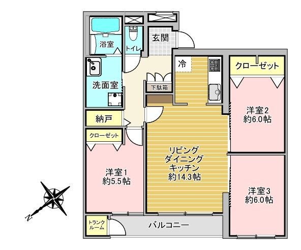 【間取り】
3LDK
専有面積 74.33㎡
バルコニー面積 4.68㎡