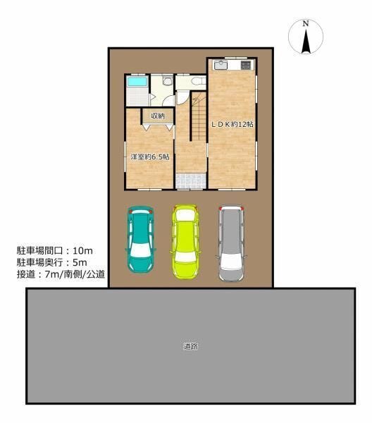 【区画図】駐車台数3台、前面道路幅員7mあるので余裕をもって駐車できそうです。※区画図と現況が異なる場合は現況を優先します。