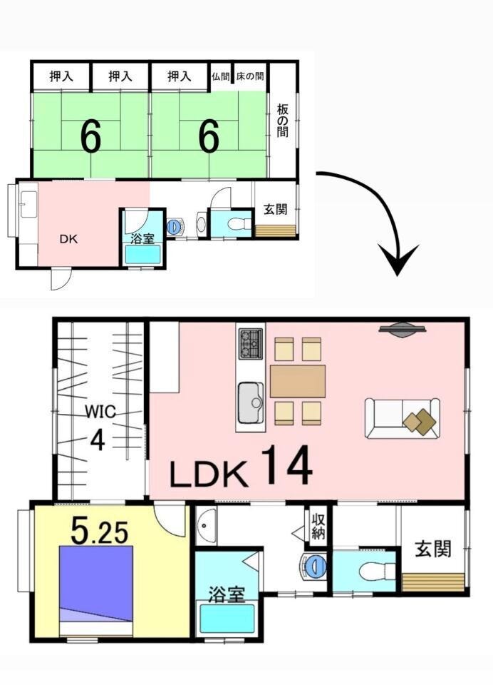 リノベーションイメージです。2DKを1SLDKに変更可能 ※別途、工事費用が必要です。