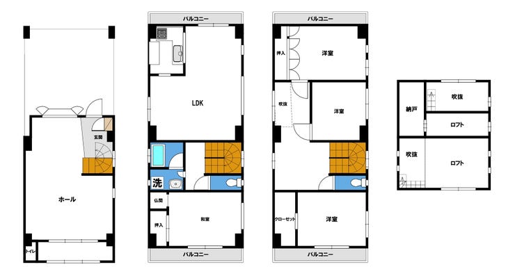 【間取り】
和室1部屋+洋室3部屋のゆとりある住まい。LDKを中心に、各階にトイレを配置した快適設計です。上部には遊び心あふれるロフトや、明るい光を採り入れる吹抜空間も魅力。