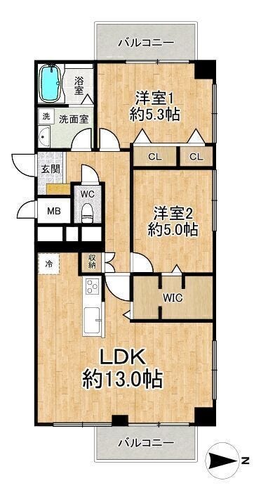 【間取り】
◆2LDK+WIC◆専有面積60.63㎡◆バルコニー面積8.00㎡
