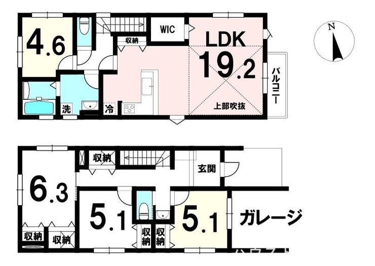 【間取り】
吹き抜けのある19.2帖LDKが主役の、明るさあふれる住まいです。