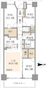 【間取り】
80.72㎡のゆとりある3LDK。ウォークインクローゼット付きの収納力に加え、家族が自然と集まるLD中心の使いやすい間取りです。