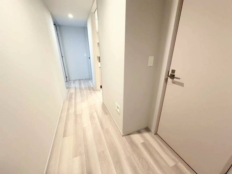 木目の美しさを活かした明るいカラーのフローリングを採用し、空間に広がりを持たせています。天井の照明にはダウンライトを配置しているため凹凸がなく、視覚的にもすっきりとした美しい通り道に仕上がっています。