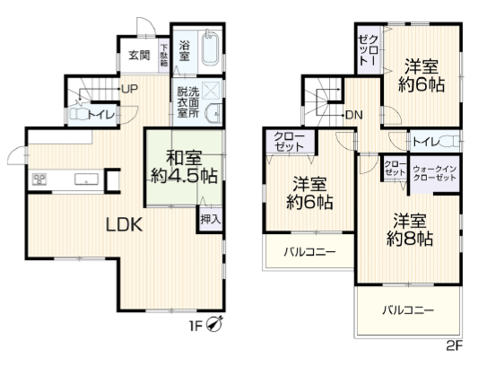 【間取り】
4LDK♪2階全室ゆとりのある6帖以上+収納付き♪2面バルコニーで洗濯スペースもしっかり確保。和室はキッズスペースとしても便利です♪