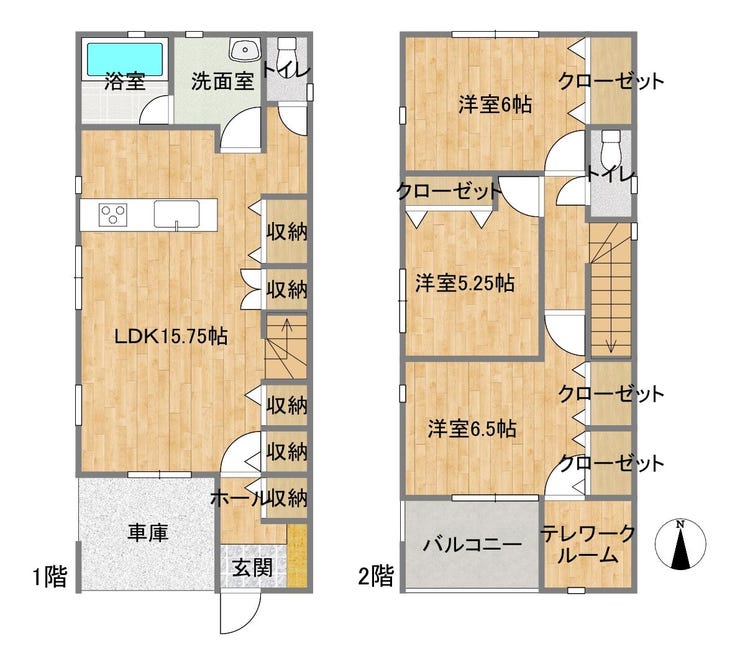 【間取り】
15.75帖のLDKはリビング階段付き。1階だけで5箇所もある豊富な収納が魅力です。2階にはクローゼット付きの3部屋に加え、独立したテレワークルームを用意。公私のメリハリがつく現代的な設計です。