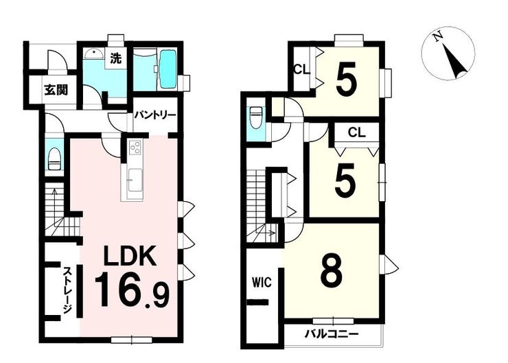 【間取り】
収納計画が充実した3LDK。16.9帖LDKを中心にパントリーやストレージを配置し、生活動線が整った間取り。2階は3室をバランス良く配置し、インナーバルコニーも実用的。