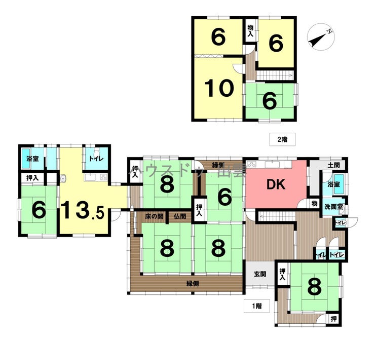 【間取り】
ゆとりある間取りが魅力の11DK住宅。1階は和室、洋室と合わせて7部屋あり来客対応やお子さまの遊び場など多用途に活用できます。2階には洋室と和室合わせて4部屋あり個人部屋としても活用可能です。