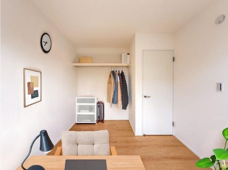 収納付き居室(4.5帖×2)
建具の引きしろを気にせずお部屋を使えるオープン収納を設けたお部屋です。ちょうどよい広さで子ども部屋に良さそうですね。※家具・小物等はCGで合成したイメージです