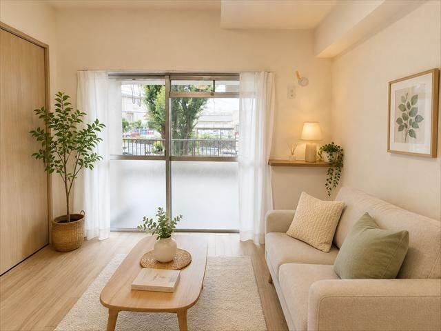 リビングの窓の横にはカウンターが備え付けられています。小物など飾ることができますね◎
※画像はイメージです。実際の写真に家具や調度品をCG合成したものです。(家具等は販売に含まれておりません)