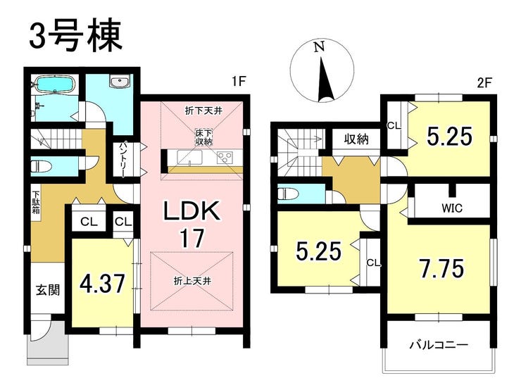 【間取り】
3号棟 4LDK+S 土地面積216.34㎡ 建物面積108.68㎡