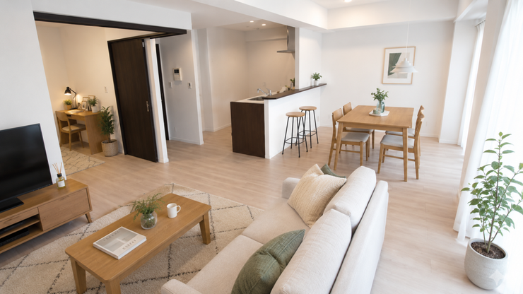 ※生成AIによるイメージです。家具・小物は販売価格に含まれません。
大きな窓が優しい採光を呼び込むLDK。食事時にはいい香りに包まれる一体感のあるリビングです。