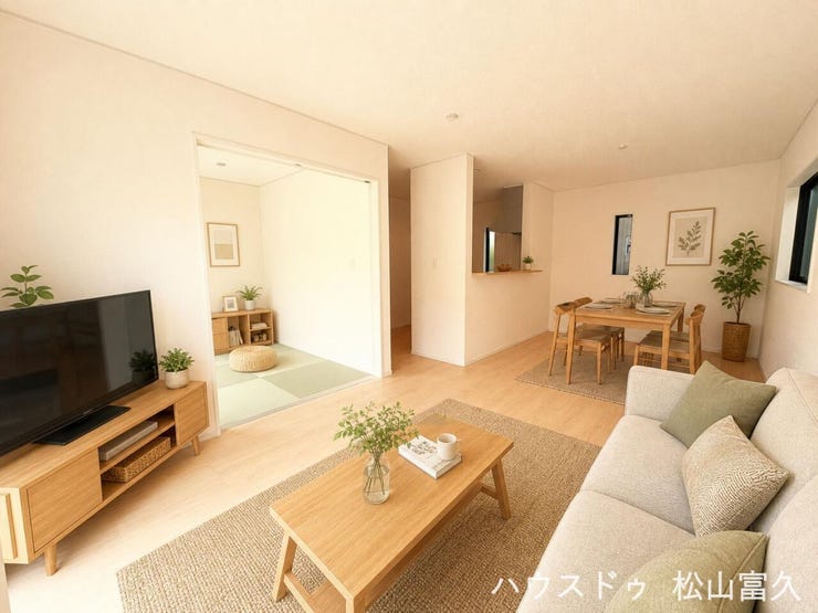 【リビング】
16.2帖のLDKは、ご家族が心地よく集まる癒しの空間です。キッチンと対角線上にリビングがあるので、繋がっていながらも、静かで落ち着いた空間になります。
※家具家電はイメージです。