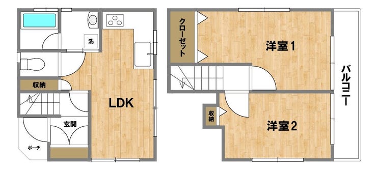 【間取り】
無駄のないコンパクトな2LDK!1階は水回りを集約した効率的な家事動線、2階の洋室にはクローゼットや季節物の収納に便利なロフト付きです。2部屋から出入りできる2WAYバルコニーも備えています。