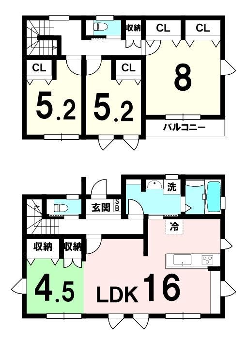 【間取り】
1階に4.5帖の洋室を配置し、在宅ワークや子どもの勉強部屋にも使える柔軟なプラン。
収納が多く、生活動線もスムーズな快適4LDKです