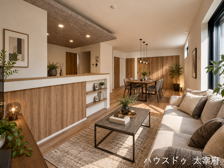 【リビング】
リビング階段は、自然とコミュニケーションが増え、開放的な空間づくりにも役に立つ人気のある間取りです。
※AIによる画像加工を行っています。現況を優先いたします。