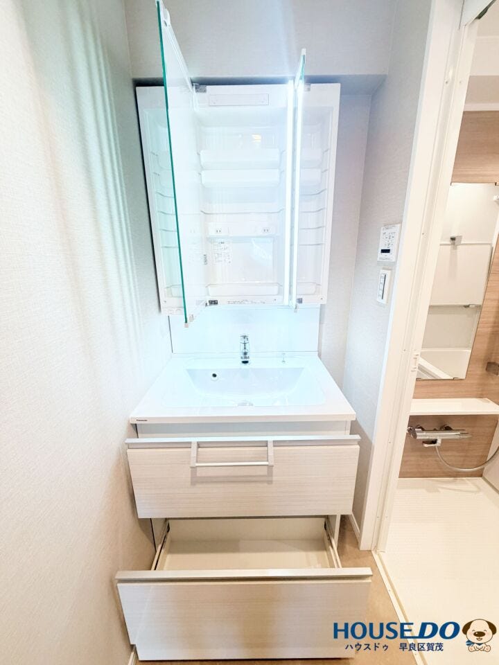 三面鏡の鏡裏収納に加え、引出式収納も備えた洗面化粧台。洗面用品をすっきり整理できます