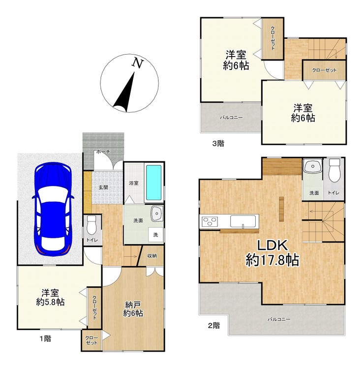 【間取り】
◇LDK広々約17.8帖!4面採光で明るく風通しの良い室内♪
→各居室収納付き