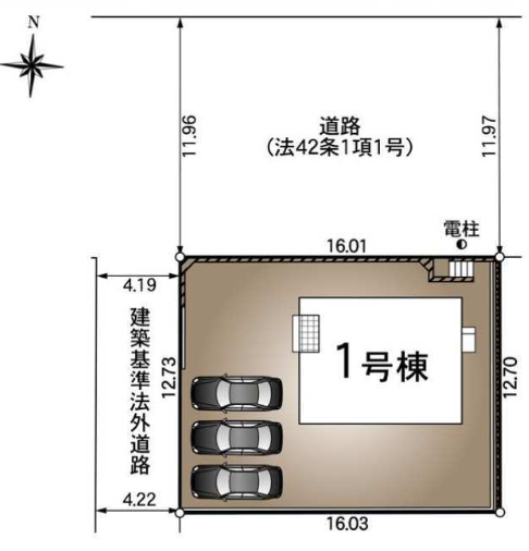 前面道路は幅員11.9m!遮るものがなく、開放感たっぷりの立地です!
車を3台停めてもゆとりがある敷地。自転車やバイク置き場にも困りません