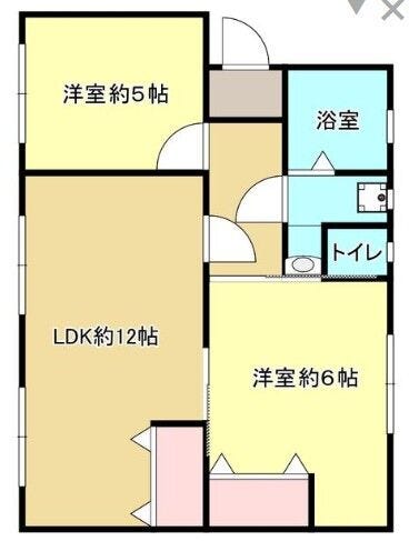 【間取り】
2LDK♪収納2ヵ所♪LDK約12帖の広々空間♪浴室には窓があり風通り良好♪