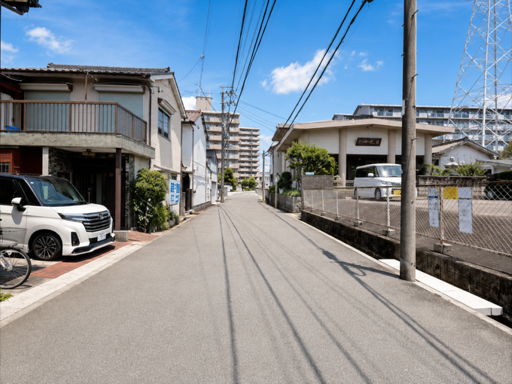 幅員約6.1mの前面道路です。道路幅にゆとりがあるので、車種を選びません。大きめの車を乗りたい方にもオススメです。