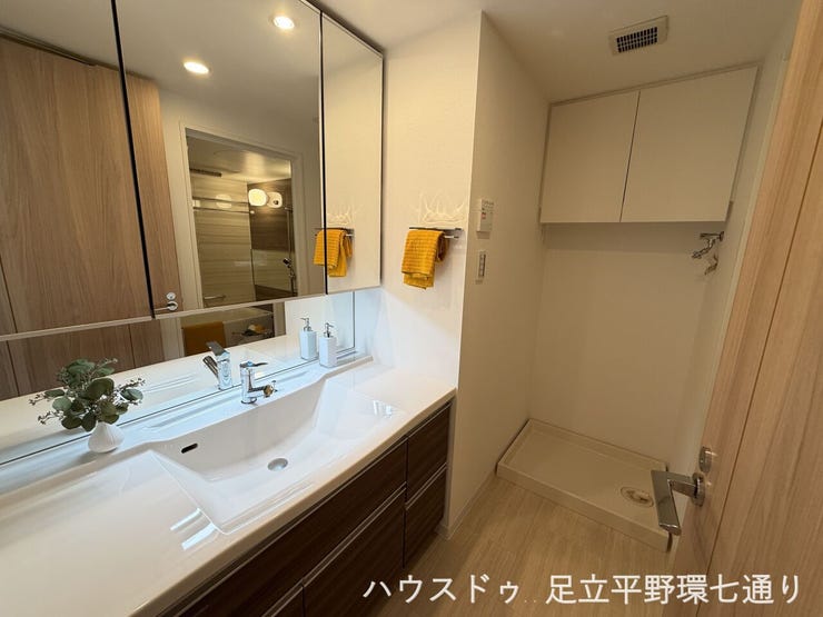 大きな三面鏡と収納を備えた洗面化粧台。洗濯機置場も近く、身支度や家事を進めやすい設計です。