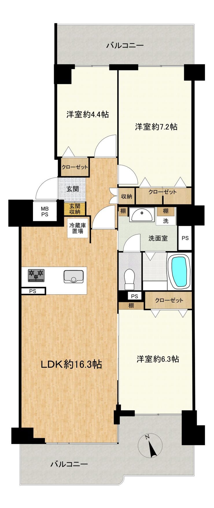 【間取り】
◇令和7年10月新規リノベーション済♪3LDKの間取り
→約16.3帖の広々LDKで家族団らんが楽しい♪
→両面バルコニーで陽当たり良好♪