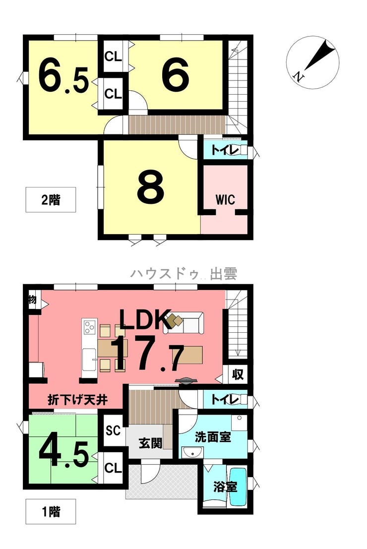 【間取り】
4LDKの間取のお家です。角地ならではの開放感と採光に恵まれた一戸建て住宅。落ち着いた住環境ながら大型スーパーや家電量販店、銀行などが近く、住みやすい環境です。