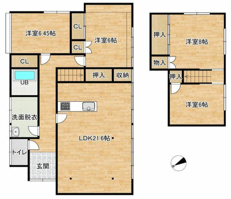 【間取り】
*リフォーム完成後間取図*
全室洋室の4LDKに間取り変更します。水回りを拡張して使いやすい間取にします。