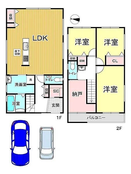 【間取り】
吹き抜けのある3LDK。生活動線に優れた2階リビング&全居室収納付きの洗練されたプラン
