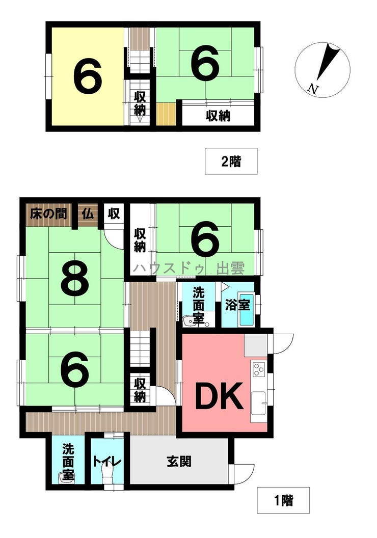 【間取り】
5DKの間取です。玄関が広く、スペースがありますので靴箱を置いてスッキリキレイに使えます。2階に2部屋ありますので個人部屋としても使えます。