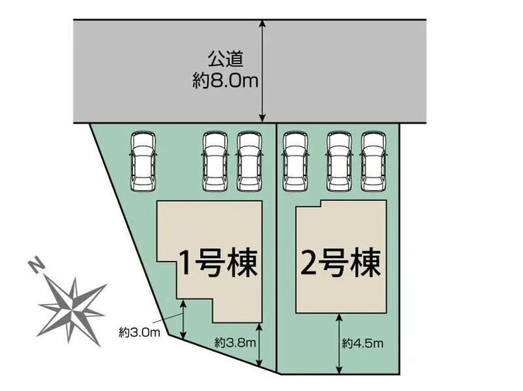 前面道路はゆったり幅員約8.0mの公道で、車の出し入れもスムーズ!
3台分のカースペースを完備した開放感のある配置プランです。
敷地にもゆとりがあり、陽当りも良好です。