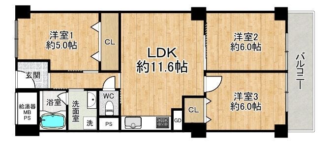 【間取り】
◆3LDK◆専有面積66.00㎡◆バルコニー面積6.6㎡