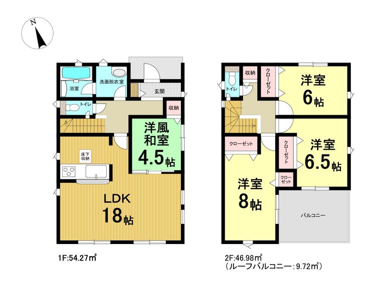 【間取り】
1階 LDK(18帖)、和室(4.5帖)
2階 洋室(6帖、6.5帖、8帖)