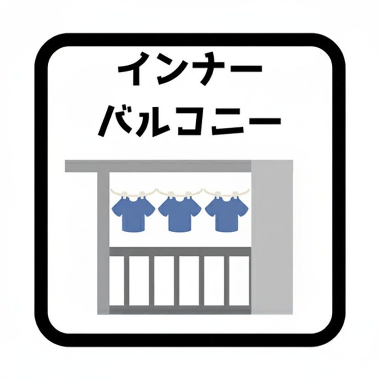 【インナーバルコニー】
雨や風、直射日光を防ぐ構造になっているため、洗濯物を干す場合でも安心して使用できます。
また、天候やプライバシーを気にせずに楽しめる便利で魅力的な空間です。