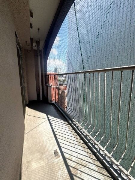 鳩の飛来対策として防鳥ネットを設置したバルコニー。日々のお手入れ負担も抑えられます。