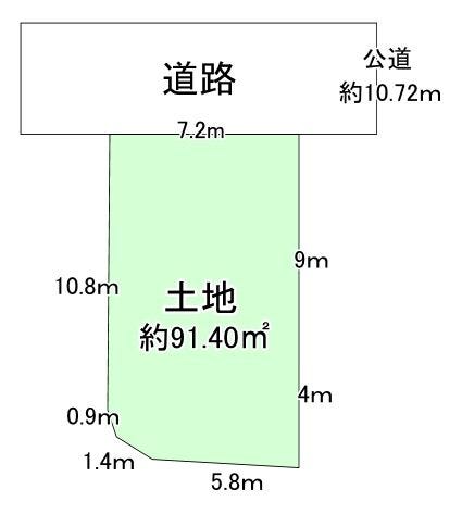 【区画図】
北側が幅員約10.72mのゆとりある公道に面しており、接道間口も7.2mと広々。すっきりとした前面道路で開放感があり、車の出し入れや建築計画もしやすい整形地に近い地形です。