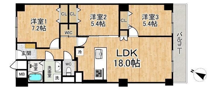 【間取り】
◆3LDK◆専有面積80.00㎡◆バルコニー面積7.68㎡