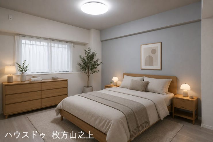 ベッドやチェストを配置してもゆとりのある洋室です。落ち着いた色合いの内装と十分な広さを備え、主寝室として快適にお使いいただけるプライベート空間です。(CGによるイメージです)