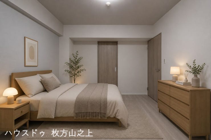 ベッドや収納家具を配置してもゆとりのある洋室です。落ち着いた雰囲気の内装が心地よい空間を演出し、主寝室として快適にお使いいただけます。