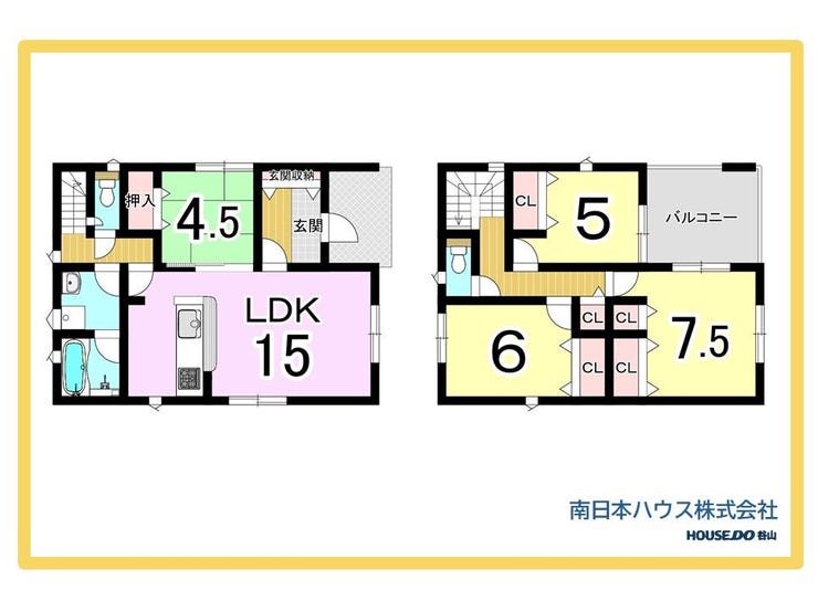 【間取り】
LDK15帖+4.5帖居室を備えた4LDK。2階は3部屋を確保し、各所に収納も備えた家族で使いやすい間取りです。