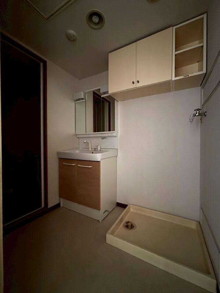 洗面台と洗濯機置場がまとまった、使いやすい洗面スペースです。上部収納もあり、洗剤や日用品の整理にも便利です。