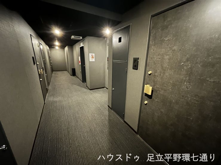 シックな色合いで統一された共用廊下。照明もあり、帰宅時も安心感のある住環境です。