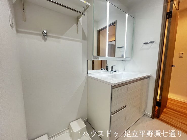 三面鏡付き洗面化粧台。収納も備え、朝の身支度が快適に行えます。