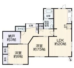【間取り】
2SLDK♪平屋建てでコンパクトにお住まいできます♪LDK20帖、全居室6帖以上全室南向き♪納戸3帖など収納スペースも豊富です♪