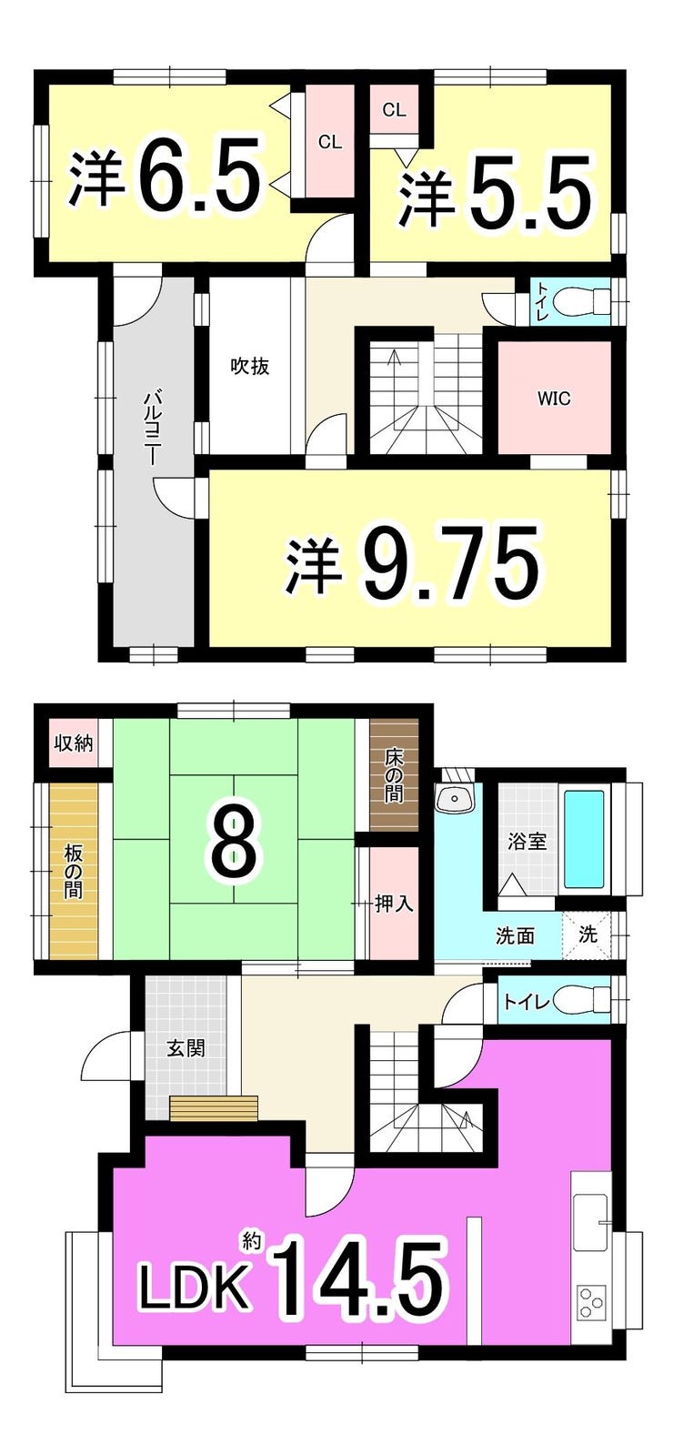 【間取り】
【全室2面採光】八幡西区上上津役の中古戸建♪上津役小・中学校♪駐車スペース3台分♪庭10坪以上♪