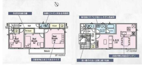 【間取り】
【こだわりの3LDK】16帖の広々LDKは、会話が弾む対面式キッチンを採用。2階の主寝室は8.0帖とゆとりの広さです。全居室収納付きに加え、便利な納戸や洗面室収納など、収納力も抜群です。