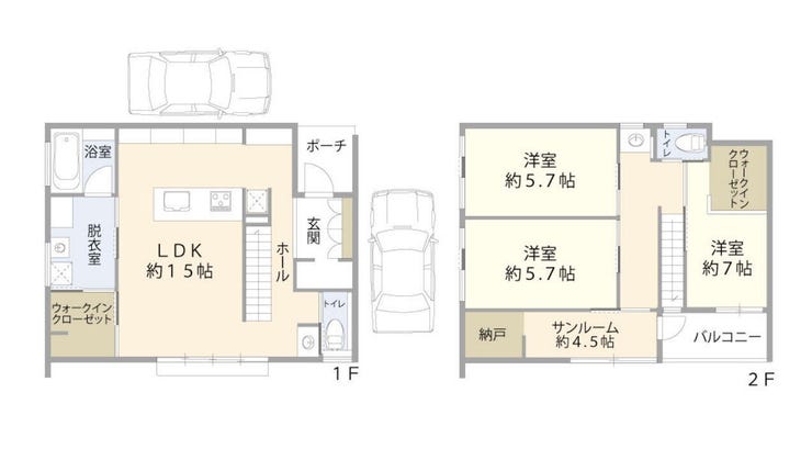 【間取り】
人気のオール電化住宅!
角地!開放感がございます♪
駐車場2台!サンルーム約4.5帖つき