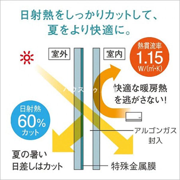 空気層に熱を通しにくいアルゴンガスを入れた複層ガラスを採用。断熱性が高く、ダニやカビの原因となる結露の発生を軽減します。※画像はイメージです。